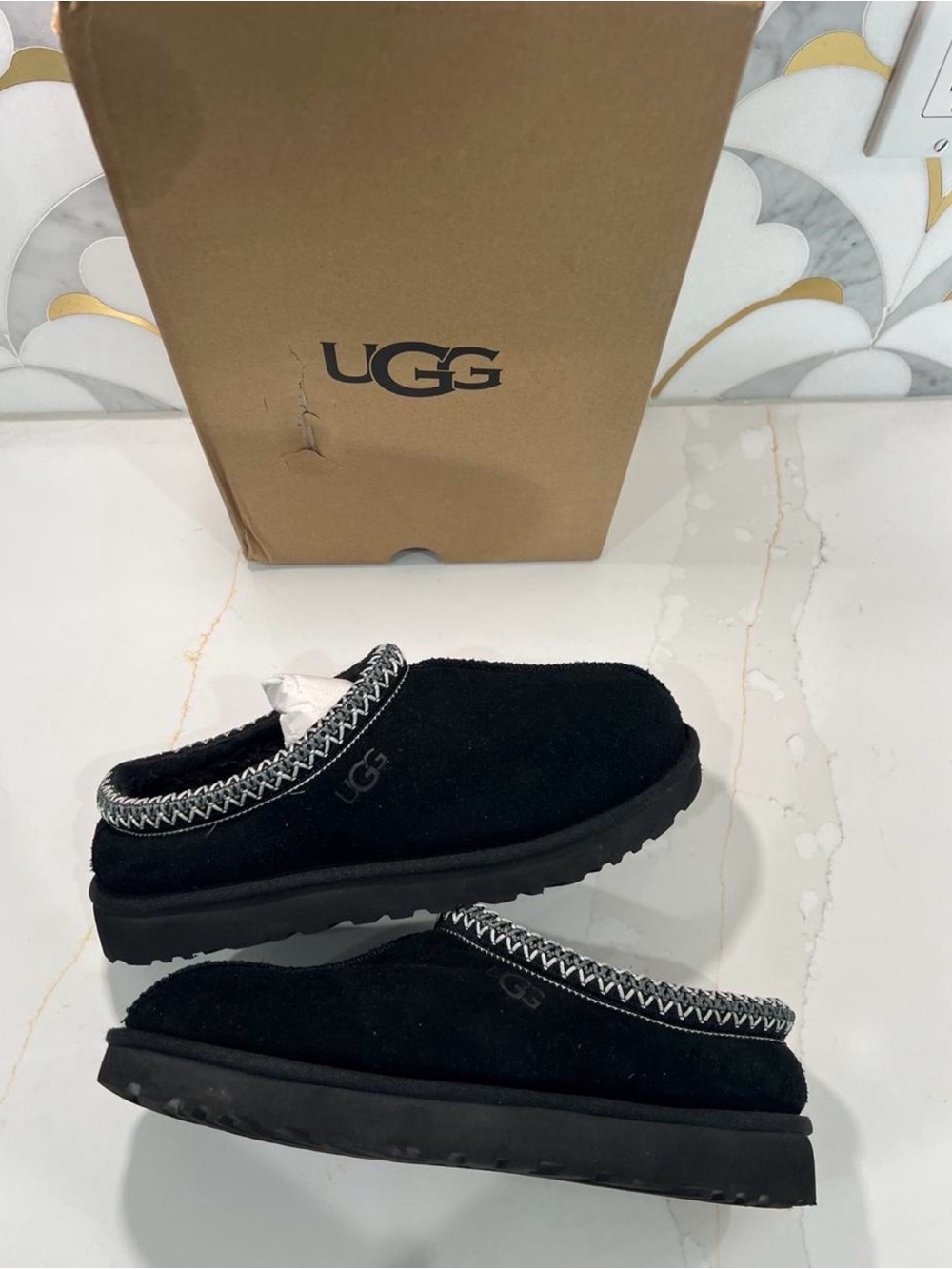 UGG Women's Black Suede Slip-On Clog Slippers with Contrast Stitching